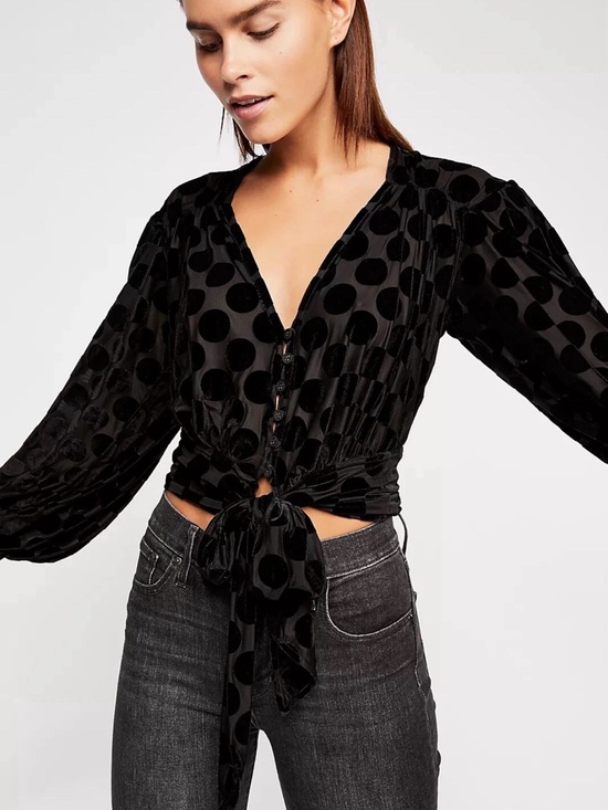 Free People Tops - Free People Black Dottie Burnout Velvet Sheer Blouse size M